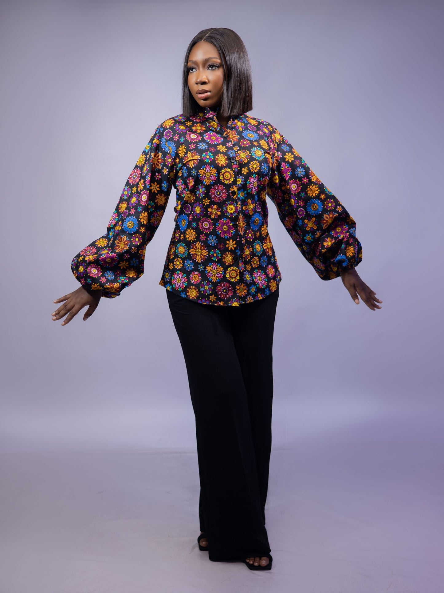 Floral Balloon Sleeve Ankara Blouse