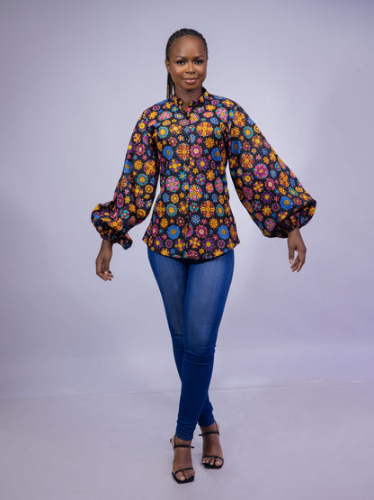 Floral Balloon Sleeve Ankara Blouse